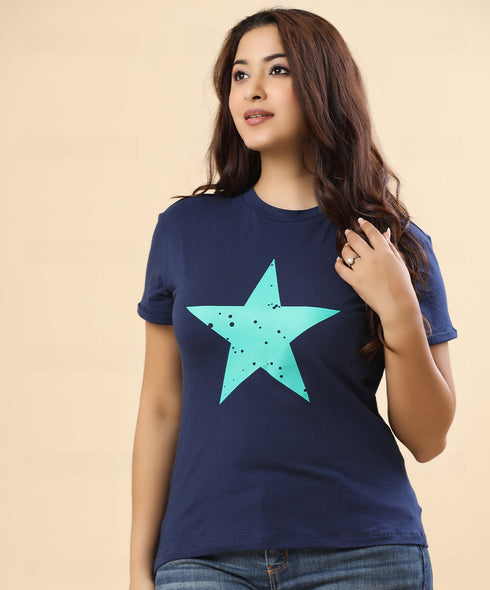 Star Printed Basic Crew Neck Tshirt